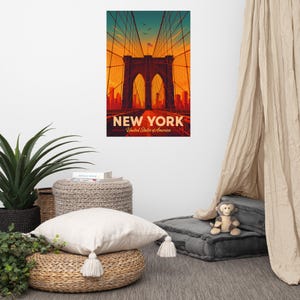 Sztuka ścienna z Nowego Jorku, plakat retro z Nowego Jorku, wydruk z zabytkowym mostem brooklińskim, wystrój akademika w Nowym Jorku, krajobraz miejski, zabytkowa sztuka z USA, prezent dla miłośnika Nowego Jorku