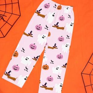 Halloween Themen Dackel Pyjama Hose, Unisex Pyjama Hose, bequeme Hose mit weitem Bein, Herbst Geschenkideen, rundum bedruckte Lounge Hose mit Hundemotiven