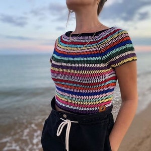 Rainbow Pattern Knit Sweater, Rainbow Blouse, Rainbow Handwork Sweater Top, Handmade Colorful Rainbow Pattern Knit Clothing, LGBTQ Sweater,
