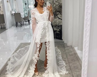 Túnica nupcial larga bata nupcial boda bata nupcial tul bata nupcial blanca Set bata nupcial volante bata nupcial para novia bata nupcial Perla