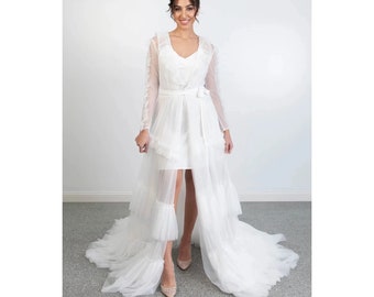 Túnica nupcial larga bata nupcial boda bata nupcial tul bata nupcial blanca Set bata nupcial volante bata nupcial para novia bata nupcial Perla