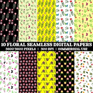 10 Floral Digital Paper, Floral Seamless Digital Papers, Scrapbook Paper, Backgrounds, Commercial Use Digital Paper
