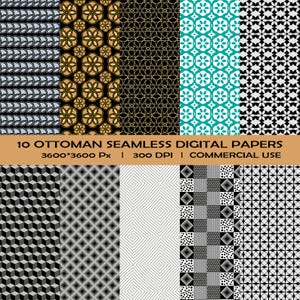 May include: Ten digital paper designs featuring geometric patterns in black, white, gray, gold, and teal. The patterns are inspired by Ottoman art and are perfect for crafting, scrapbooking, and digital design projects. The papers are 3600 x 3600 pixels and 300 DPI.