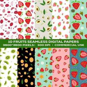 10 Fruits Digital Paper, Fruits Seamless Digital Papers, Scrapbook Paper, Backgrounds, Commercial Use Digital Paper