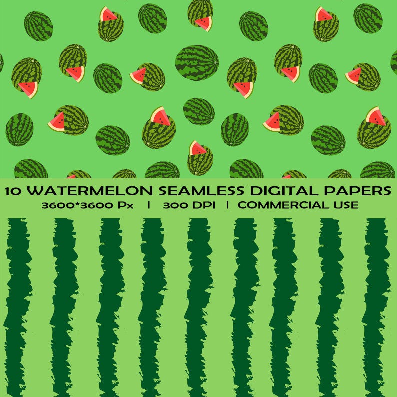 Watermelon Patterned Paper Watermelon Digital Paper Pack, Seamless Summer Patterns (digital ...