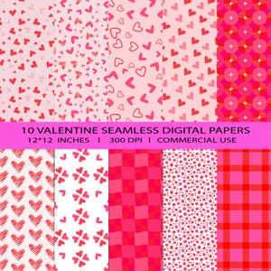 10 Valentine Digital Paper, Valentine Hearts Seamless Digital Papers, Scrapbook Paper, Heart Backgrounds, Commercial Use Digital Paper