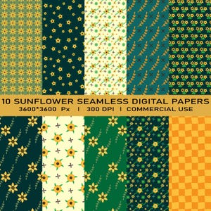 10 Sunflower Digital Paper, Sunflower Seamless Digital Papers, Scrapbook Paper, Backgrounds, Commercial Use Digital Paper