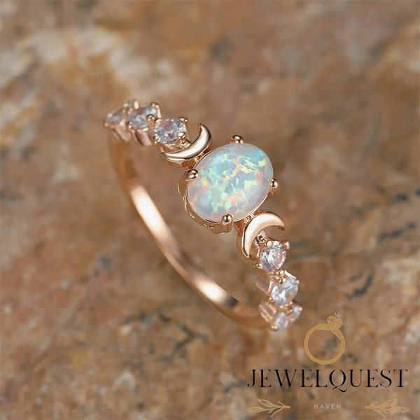 Multi Colour Rainbow White Fire Opal Ring, Rose Gold/Silver Colour, Small Moon Rings For Women, Dainty Jewellery, Perfect Gift for Her