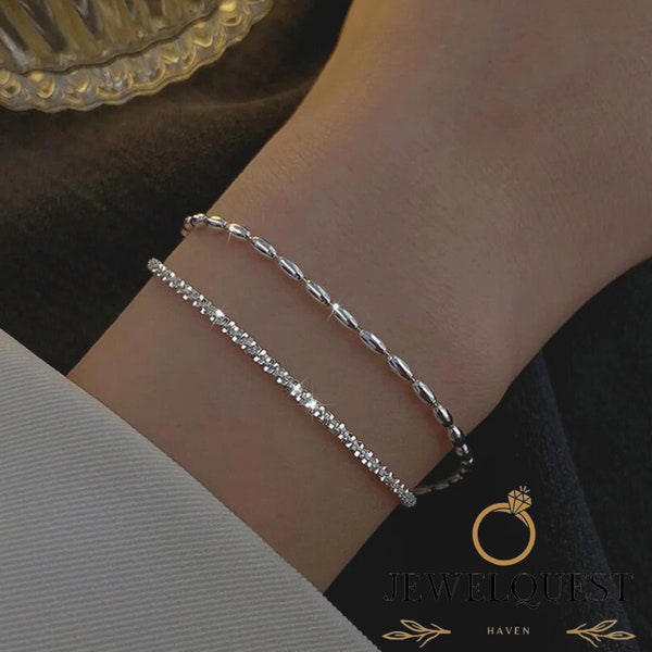925 Sterling Silver Double Layer Bracelet, Beads Exquisite Simple Women Bracelet, Silver Bracelet, Dainty Bracelet, Gift for her
