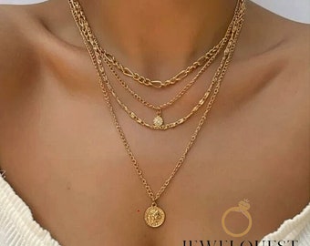 18k Gold Pendant Layered Chain Necklace Set for Women, Friend Gift, Perfect Gift for Her, Layered Necklace