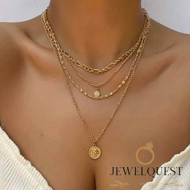 18k Gold Pendant Layered Chain Necklace Set for Women, Friend Gift, Perfect Gift for Her, Layered Necklace zdjęcie 1