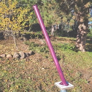 May include: A long, vertical metal pole painted a deep purple color. The pole is mounted on a wooden base and is leaning slightly to the right. The pole is in a grassy area with some fallen leaves.