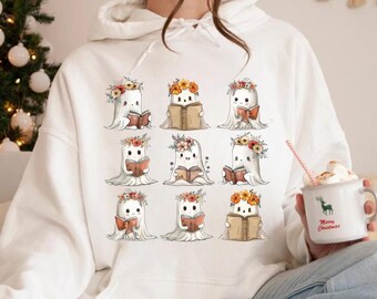 Halloween Ghosts Reading Books Sweatshirt: Spooky Teacher Librarian Gift