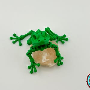 May include: A green articulated frog skeleton toy, posed on a white rock. The toy is made of plastic and has a detailed skeletal structure.