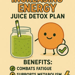 May include: A 3-day juice detox plan to increase energy. The graphic features a green juice in a mason jar with a straw and a smiling orange character holding a checkmark. The benefits of the detox are listed: combats fatigue, supports metabolism, boosts vitality, and enhances mood.