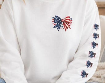 Patriotic Bow Sweatshirt Women Red White Blue Crewneck Fourth Of July Sweatshirt Americana Bow Sleeve Memorial Day Gift For Her