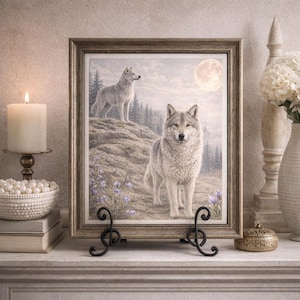 May include: Framed artwork featuring two wolves in a natural landscape under a full moon. The artwork has a light brown wooden frame and is displayed on a decorative black metal stand. The scene includes trees and purple flowers.