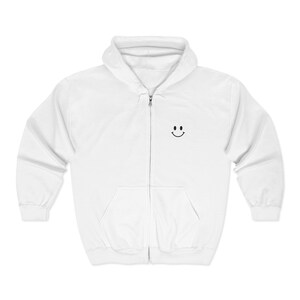 Smiley Hoodie Men Zip Sweatshirt Minimal Hoodie Embroidered Chest Graphic Apparel Happy Sweatshirt Simple Smile Everyday Hoodie Casual White
