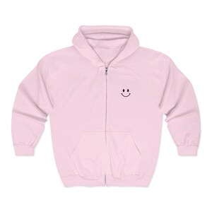 Smiley Hoodie Men Zip Sweatshirt Minimal Hoodie Embroidered Chest Graphic Apparel Happy Sweatshirt Simple Smile Everyday Hoodie Casual Light Pink