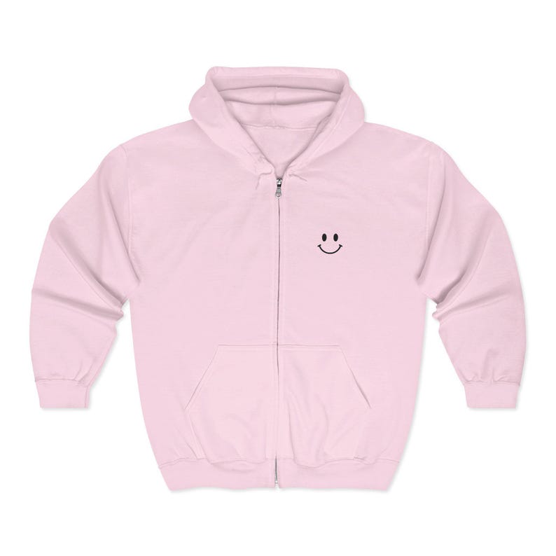 Smiley Hoodie Men Zip Sweatshirt Minimal Hoodie Embroidered Chest Graphic Apparel Happy Sweatshirt Simple Smile Everyday Hoodie Casual Light Pink