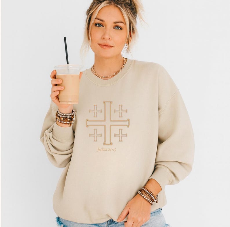 Comfortable Faith Sweatshirt Jerusalem Cross Pullover Christian Mom Apparel Cream Colored Religious Sweater Minimal Design Everyday Faith Expression Soft Fabric Casual Fit Church Wear Prayer Group Outfit Baptism Celebration Gift Easter