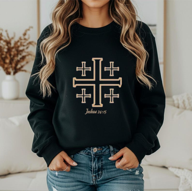 Jerusalem Cross Sweatshirt Christian Mom Faith Pullover Bible Verse Inspired Clothing Religious Sweater Casual Church Wear Cream Minimal Design Soft Fabric Slightly Oversized Fit Comfortable Daily Wear Spiritual Message Embroidered Detail