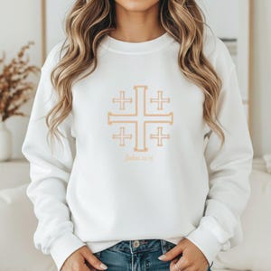 Christian Faith Pullover Jerusalem Cross Design Religious Apparel Cream Sweatshirt Bible Verse Inspired Clothing Baptism Gift Idea Easter Present Holiday Christian Gift Mom Faith Statement Casual Church Outfit Minimal Style Comfortable Soft