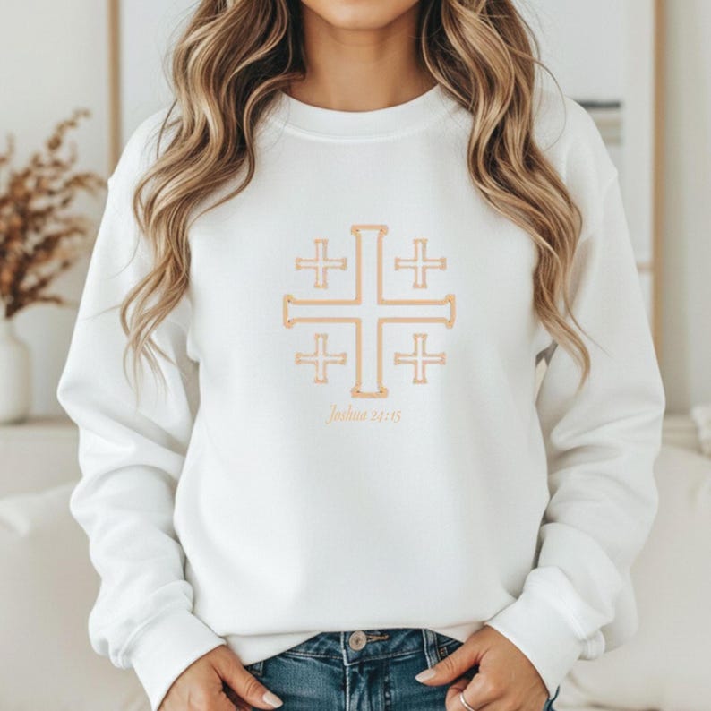Christian Faith Pullover Jerusalem Cross Design Religious Apparel Cream Sweatshirt Bible Verse Inspired Clothing Baptism Gift Idea Easter Present Holiday Christian Gift Mom Faith Statement Casual Church Outfit Minimal Style Comfortable Soft