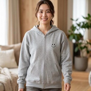 Smiley Hoodie Men Zip Sweatshirt Minimal Hoodie Embroidered Chest Graphic Apparel Happy Sweatshirt Simple Smile Everyday Hoodie Casual image 16