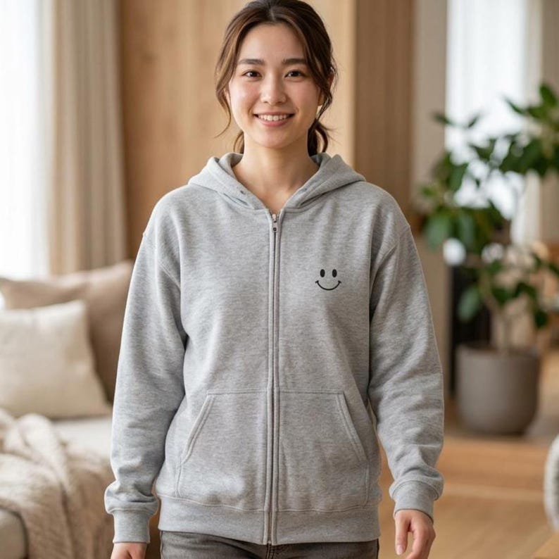 Smiley Hoodie Men Zip Sweatshirt Minimal Hoodie Embroidered Chest Graphic Apparel Happy Sweatshirt Simple Smile Everyday Hoodie Casual image 16