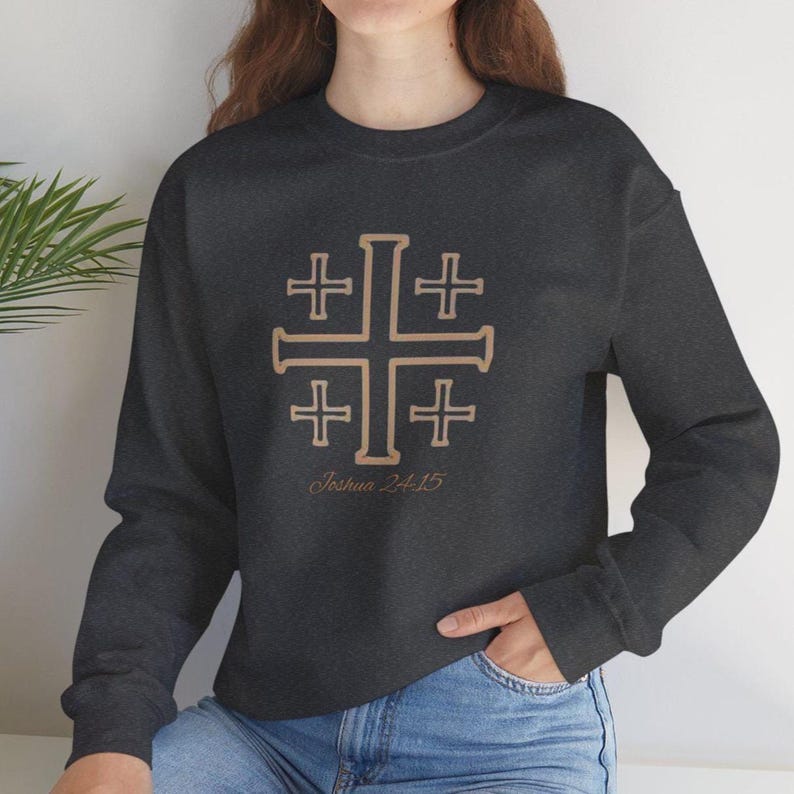 Religious Symbol Sweatshirt Jerusalem Cross Design Christian Faith Pullover Cream Colored Minimal Style Soft Fabric Comfortable Fit Casual Church Wear Daily Expression Statement Piece Baptism Gift Idea Easter Present Holiday Christian Gift