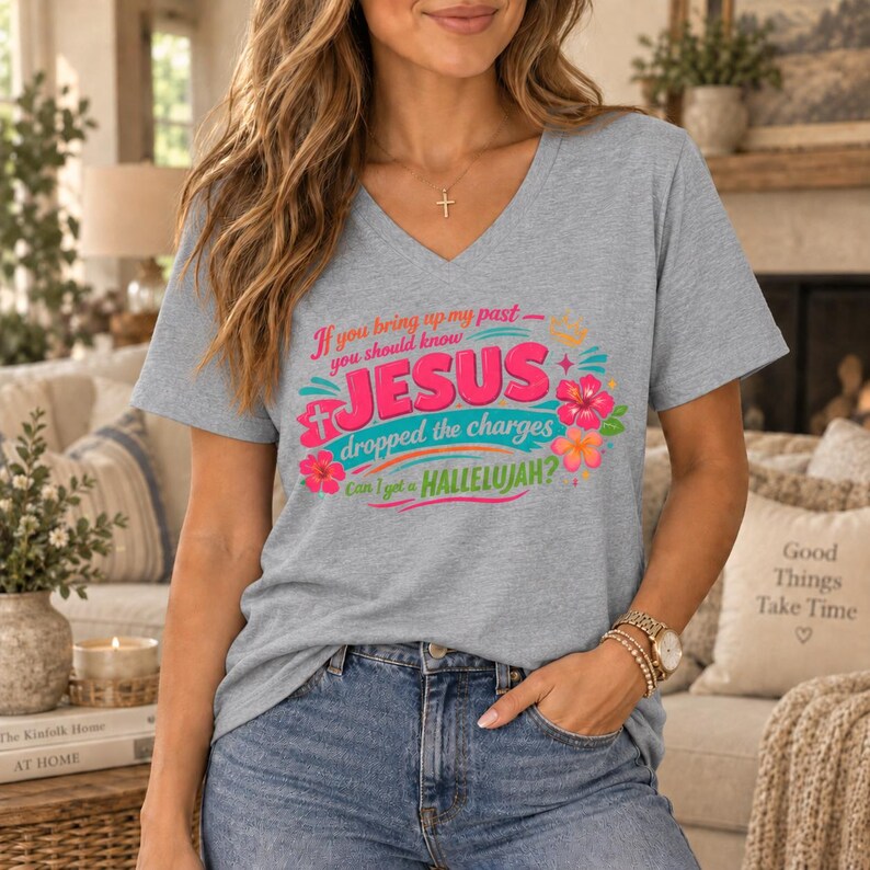 Cute cotton women's athletic grey t-shirt. Comfortable and casual Christian Women of Faith quality cotton tee.  Cute Jesus T-shirt feminine V neck colorful and fun for everyday wear.