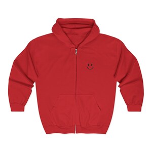 Smiley Hoodie Men Zip Sweatshirt Minimal Hoodie Embroidered Chest Graphic Apparel Happy Sweatshirt Simple Smile Everyday Hoodie Casual Red