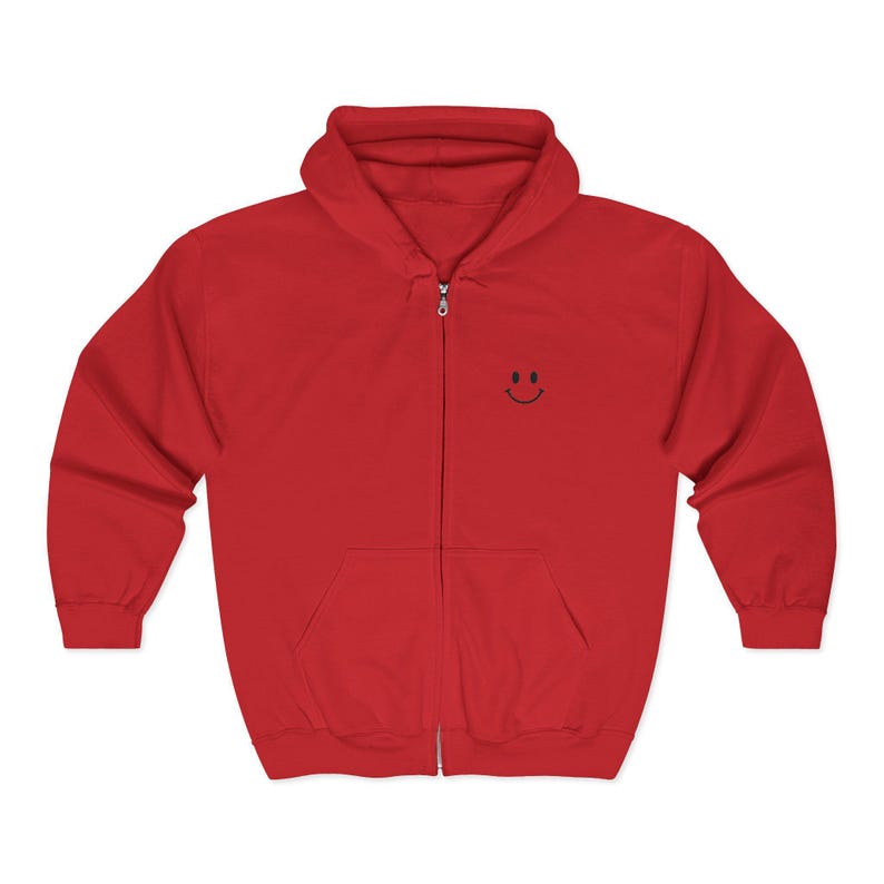 Smiley Hoodie Men Zip Sweatshirt Minimal Hoodie Embroidered Chest Graphic Apparel Happy Sweatshirt Simple Smile Everyday Hoodie Casual Red