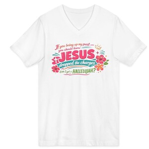 Casual Church Wear Vneck Tshirt Women Faith Design Floral Pattern Hallelujah Message Tee Religious Clothing Comfortable Fit Soft Fabric Lightweight Cotton Summer Style Christian Apparel Jesus Inspired Message Spiritual Gift Mom Present bright colors fun and happy tee to share your faith with women, great for gift giving for baptisms and communions and birthdays