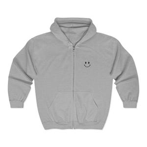 Smiley Hoodie Men Zip Sweatshirt Minimal Hoodie Embroidered Chest Graphic Apparel Happy Sweatshirt Simple Smile Everyday Hoodie Casual Sport Grey