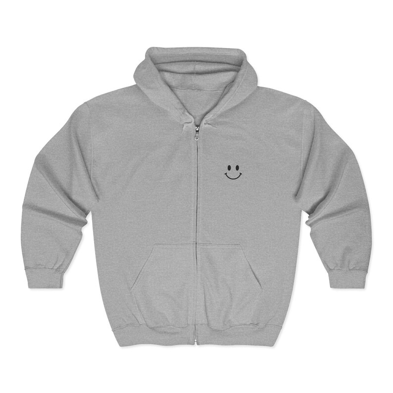 Smiley Hoodie Men Zip Sweatshirt Minimal Hoodie Embroidered Chest Graphic Apparel Happy Sweatshirt Simple Smile Everyday Hoodie Casual Sport Grey