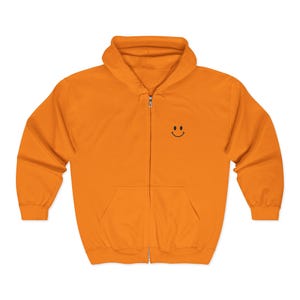 Smiley Hoodie Men Zip Sweatshirt Minimal Hoodie Embroidered Chest Graphic Apparel Happy Sweatshirt Simple Smile Everyday Hoodie Casual Safety Orange