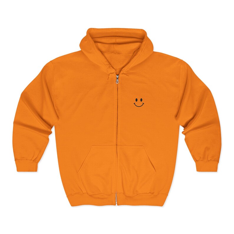 Smiley Hoodie Men Zip Sweatshirt Minimal Hoodie Embroidered Chest Graphic Apparel Happy Sweatshirt Simple Smile Everyday Hoodie Casual Safety Orange