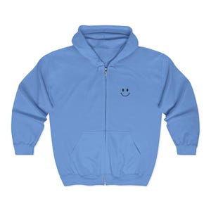 Smiley Hoodie Men Zip Sweatshirt Minimal Hoodie Embroidered Chest Graphic Apparel Happy Sweatshirt Simple Smile Everyday Hoodie Casual Carolina Blue