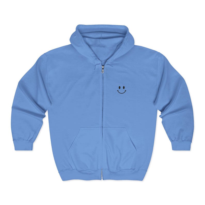 Smiley Hoodie Men Zip Sweatshirt Minimal Hoodie Embroidered Chest Graphic Apparel Happy Sweatshirt Simple Smile Everyday Hoodie Casual Carolina Blue