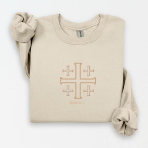 Minimal Design Sweatshirt Jerusalem Cross Embroidery Christian Faith Pullover Cream Colored Religious Apparel Soft Fabric Comfortable Fit Casual Church Wear Daily Expression Statement Piece Baptism Gift Idea Easter Present Holiday Christian