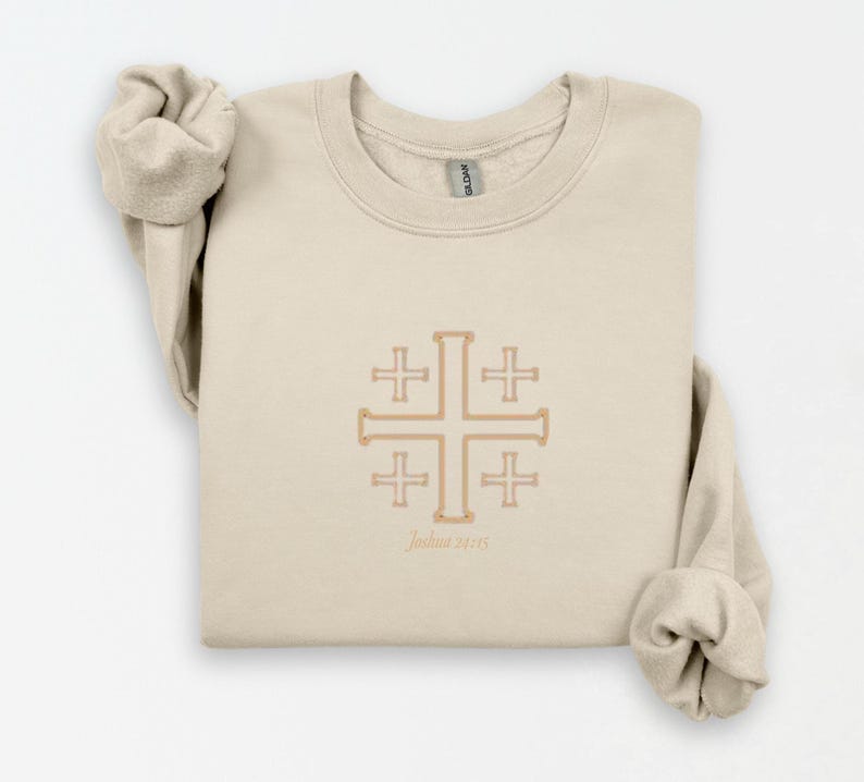 Minimal Design Sweatshirt Jerusalem Cross Embroidery Christian Faith Pullover Cream Colored Religious Apparel Soft Fabric Comfortable Fit Casual Church Wear Daily Expression Statement Piece Baptism Gift Idea Easter Present Holiday Christian