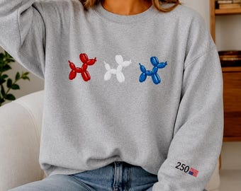 Balloon Dog Sweatshirt Patriotic Fun Red White Blue Crewneck Pullover Unisex Gift Idea Unique Apparel Casual Wear Comfortable Everyday Lover