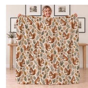 Squirrel Sherpa Throw Winter Bedding Home Decor Living Room Blanket Soft Printed Pattern Cozy Gift For Her Warm Plush Neutral Fall Decor
