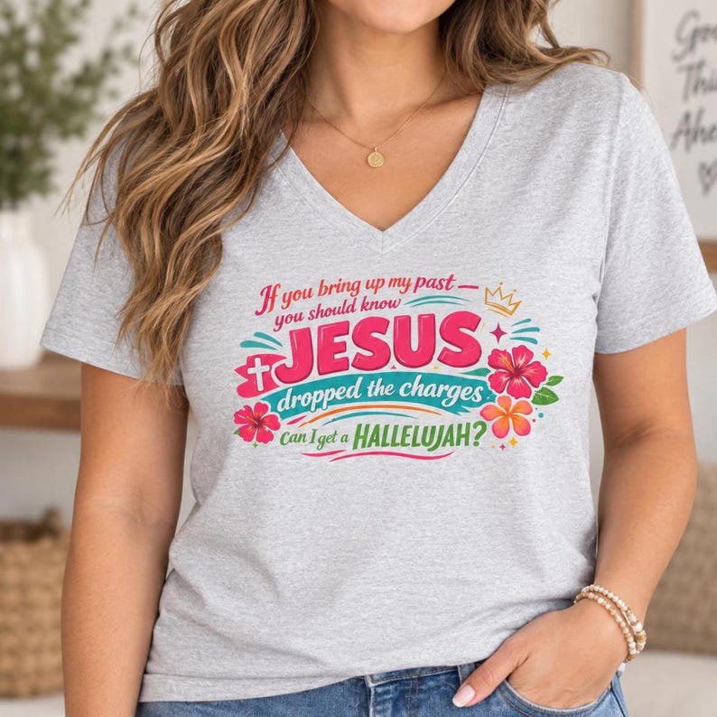 Christian Vneck Tshirt Women Faith Shirt Design Floral Pattern Jesus Bold Statement Tee Casual Church Wear Colorful  Religious Clothing Comfortable Soft and Lightweight CottonStyle for Mom Gift Cute T shirt for birthdays Christmas, baptisms and communions