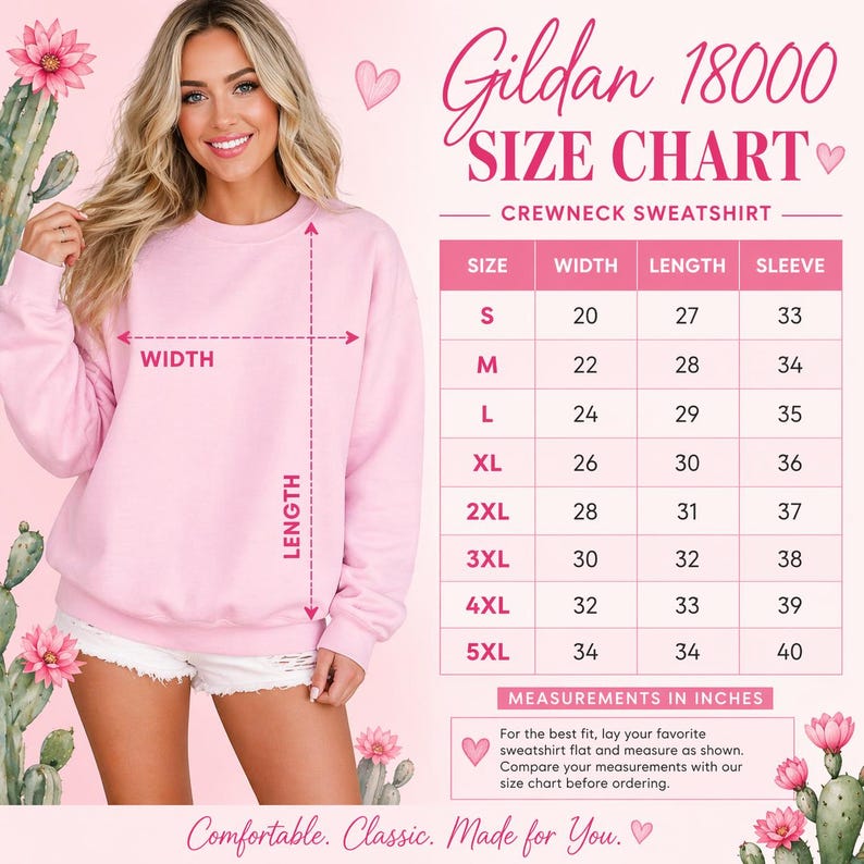 May include: A pink crewneck sweatshirt with a size chart. The chart shows measurements in inches for width, length, and sleeve length, ranging from size S to 5XL. The text "Gildan 18000 SIZE CHART" is at the top.