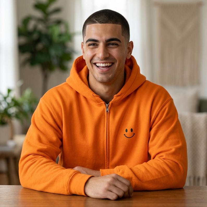 Men Zip Hoodie Casual Comfort Smiley Face Embroidered Chest Graphic Sweatshirt Everyday Wear Essential Minimalist Design Adjustable Hood Front Pocket Jacket Medium Weight Fabric Cozy Outerwear Year Round Layering Unisex Style Simple Smile