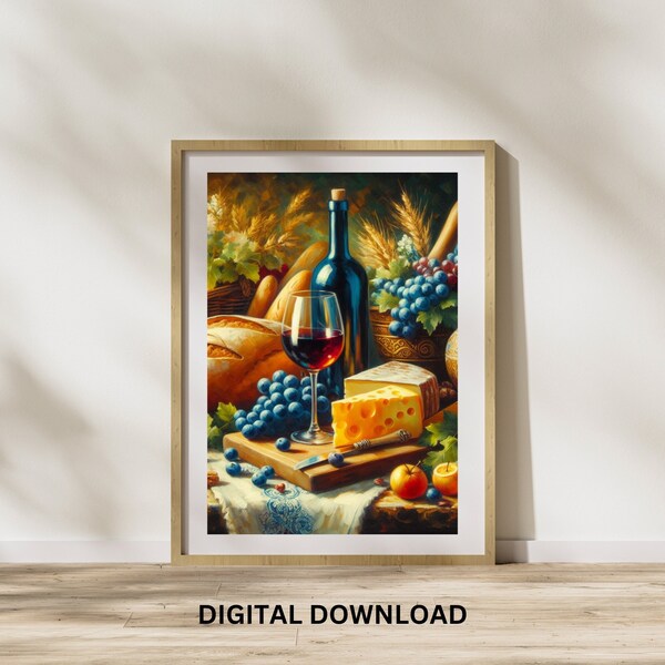 Gastronomic Delight - Original Oil Painting of Wine, Cheese, Bread, and Grapes Abstract, Vintage, Digital Download