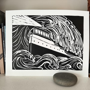 Edmund Fitzgerald | Lake Superior | Great Lakes | Shipwreck | Freighter | Boat | Ship | Maritime History | Block Print | Handmade | Decor